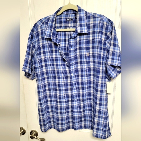 Izod Madras Woven SS Button Down Linen Blend Shirt- Big & Tall Sz XXL NWT - Picture 1 of 8